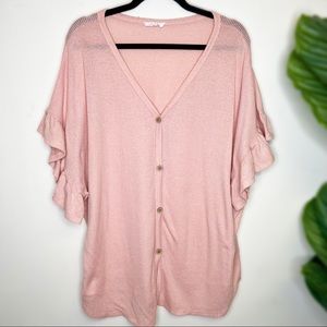 Pink knit top with ruffle short sleeves